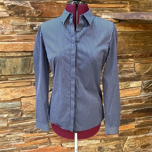 Lafayette 148 NY Navy Stripe Button Top (6) - Picture 1 of 6